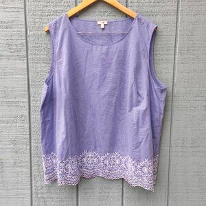 Talbots Cotton Striped Embroidered Eyelet Tank Blouse sz 3X White Blue